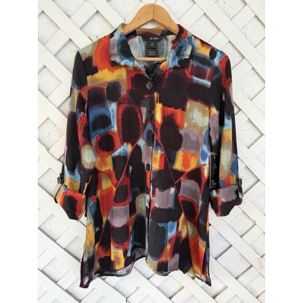 Ali Miles Wearable Art Abstract Tunic Blouse Roll-tab 3/4 Sleeves Wired Collar S